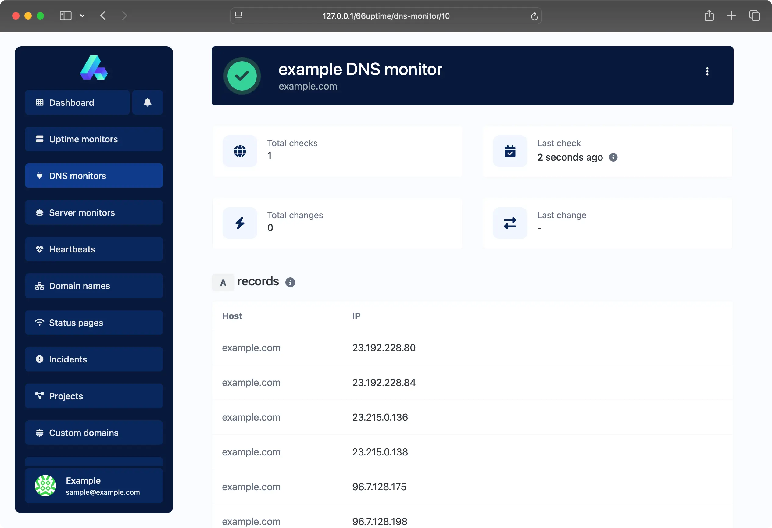 Screenshot de el app DNS monitoreo página