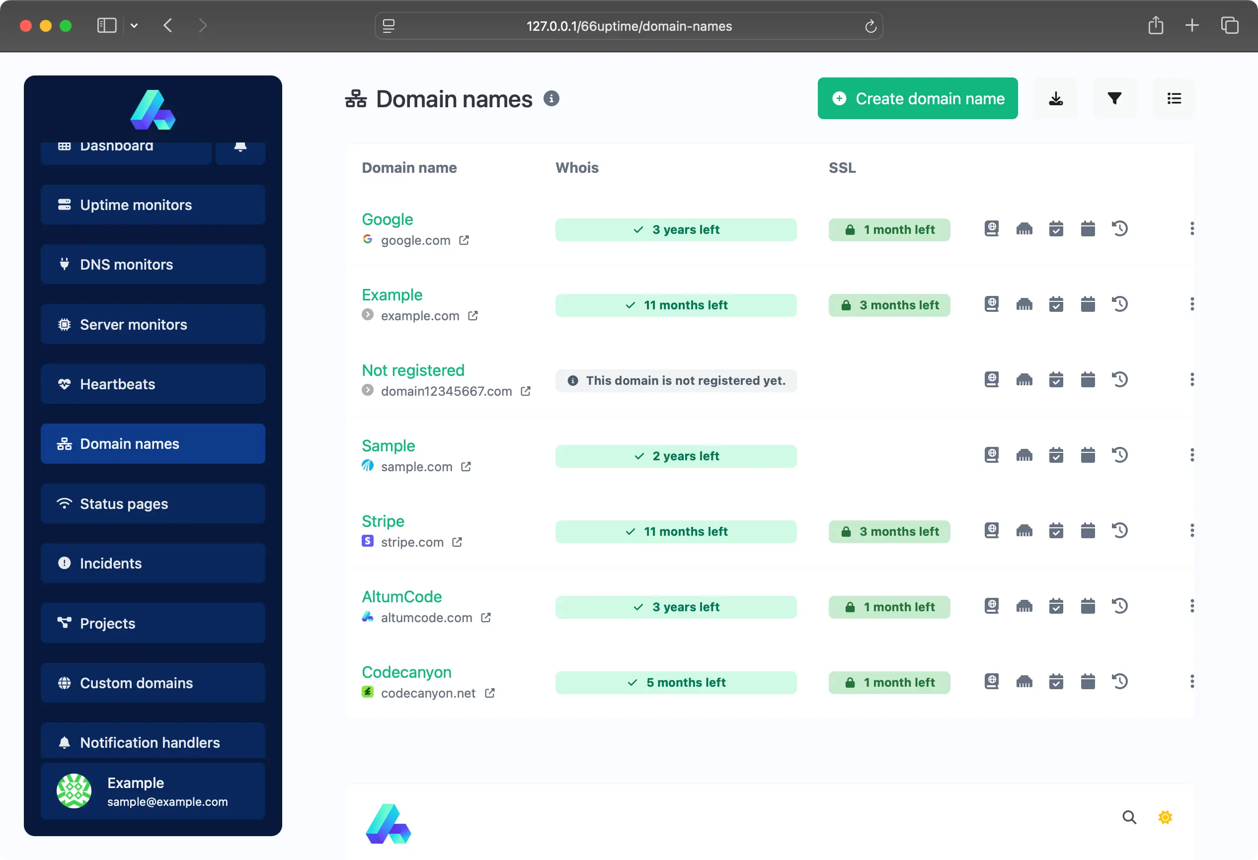 Screenshot de el app dominio names list página
