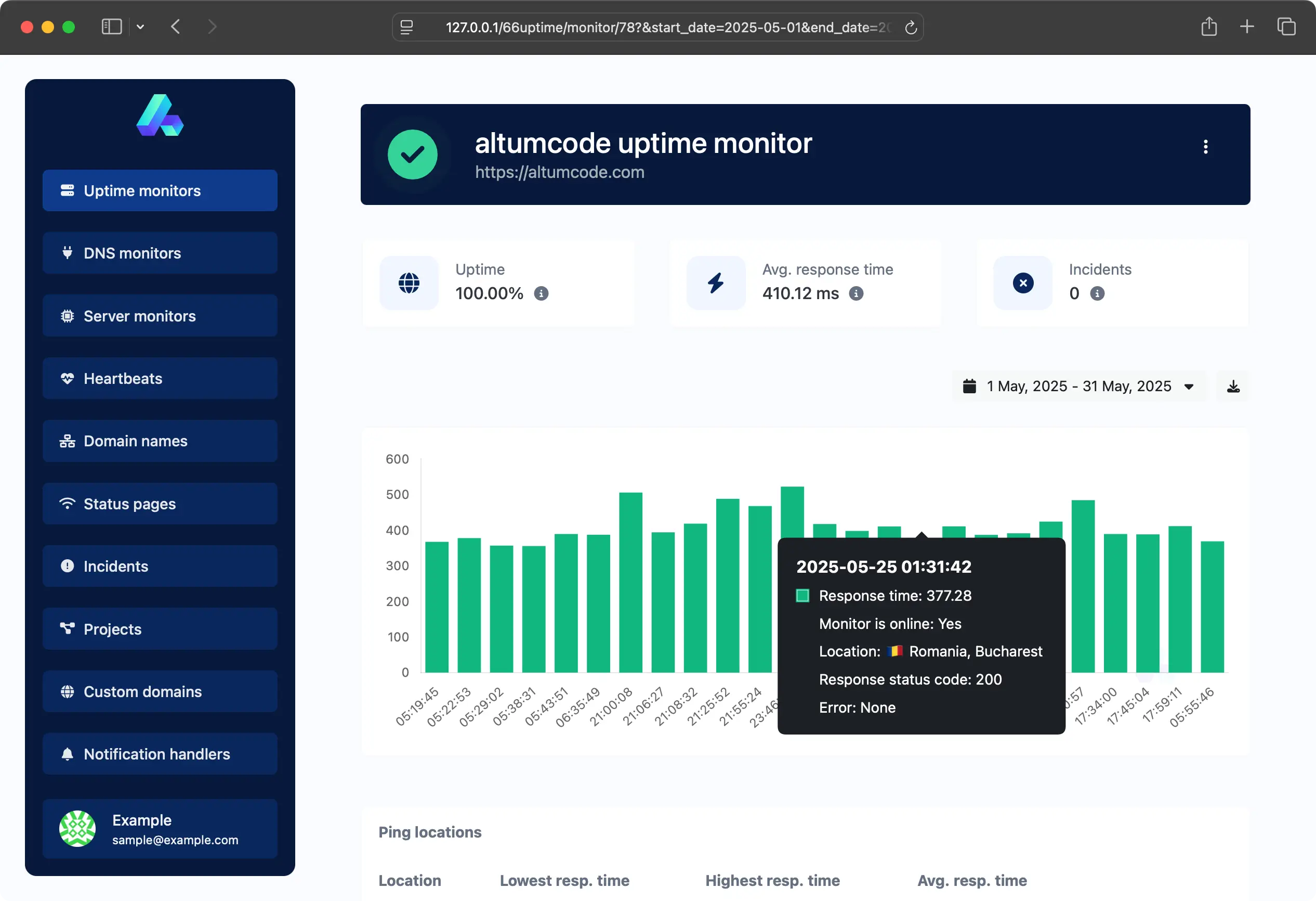 Screenshot de el app tiempo en línea monitoreo página
